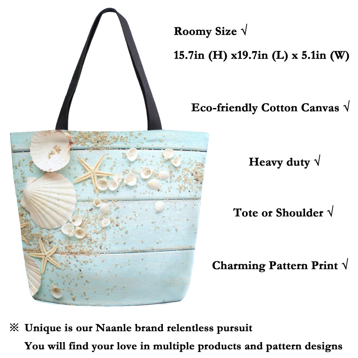 Naanle Ocean Canvas Tote Bag Large Women Casual Shoulder Bag Handbag, Wooden Seashell Reusable Multipurpose Heavy Duty Shopping